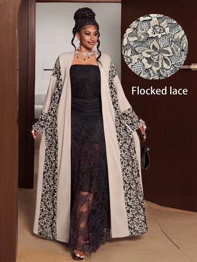 Maweii Kimono Panjang Elegan Ukuran Plus untuk Wanita, Jaket Tipis, Hitam & Emas Bordir Bunga Renda Patchwork Lengan Kelelawar Depan Terbuka Panjang Cokelat, Pakaian Luar Longgar Minimalis, Musim Gugur/Dingin
