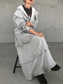 FRIFUL Women's Zip-Up Long Sleeve Hooded Sweatshirt And Ruffle Trim Midi Skirt 2 Pieces Set Fall - Grey - View 5