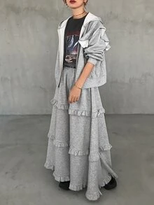 FRIFUL Women's Zip-Up Long Sleeve Hooded Sweatshirt And Ruffle Trim Midi Skirt 2 Pieces Set Fall - Grey - View 3