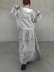FRIFUL Women's Zip-Up Long Sleeve Hooded Sweatshirt And Ruffle Trim Midi Skirt 2 Pieces Set Fall - Grey - View 2