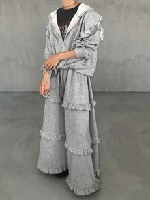 FRIFUL Women's Zip-Up Long Sleeve Hooded Sweatshirt And Ruffle Trim Midi Skirt 2 Pieces Set Fall - Grey - View 6