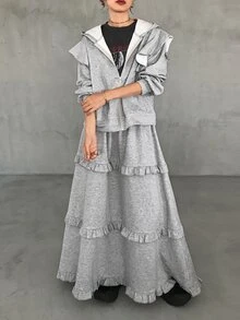 FRIFUL Women's Zip-Up Long Sleeve Hooded Sweatshirt And Ruffle Trim Midi Skirt 2 Pieces Set Fall - Grey - View 1