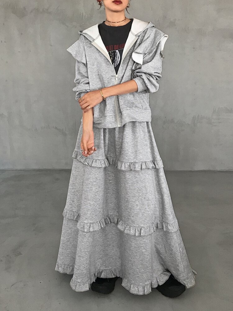 FRIFUL 女款拉鍊長袖連帽運動衫與荷葉邊飾中長裙兩件套 秋季 - 灰色 - 查看 1