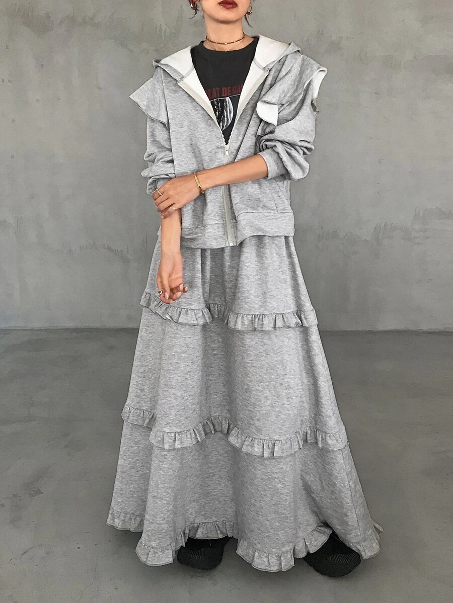 FRIFUL Women's Zip-Up Long Sleeve Hooded Sweatshirt And Ruffle Trim Midi Skirt 2 Pieces Set Fall - Grey - View 1