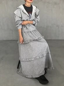 FRIFUL Women's Zip-Up Long Sleeve Hooded Sweatshirt And Ruffle Trim Midi Skirt 2 Pieces Set Fall - Grey - View 4