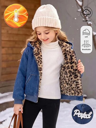 SHEIN Emery Rose Kids Tween Girls' Autumn/Winter Baseball Style Soft Reversible Deep Blue Denim Leopard Print Thermal Lined Hooded Long Sleeve Cropped Jacket