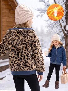 SHEIN Emery Rose Kids Tween女孩秋冬棒球風柔軟可正反穿深藍色丹寧豹紋保暖內裡連帽長袖短版夾克 - 藍色 - 查看 2