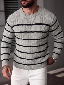 Marcello Vane 男士圓領長袖套頭毛衣，休閒針織秋冬服飾，灰色寬鬆版型時尚百搭條紋撞色長袖套頭毛衣 - 淺灰色 - 查看 4
