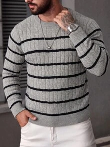 Marcello Vane 男士圓領長袖套頭毛衣，休閒針織秋冬服飾，灰色寬鬆版型時尚百搭條紋撞色長袖套頭毛衣 - 淺灰色 - 查看 5