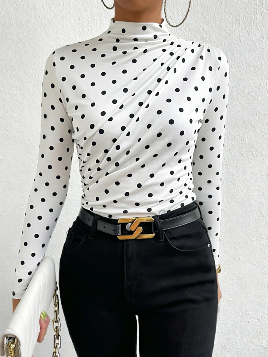 SHEIN Raffinéa تي شيرت نسائي بأكمام طويلة للخريف، تي شيرت من قماش محبوك مريح وعصري للتنقل اليومي - أبيض - مشاهدة 1