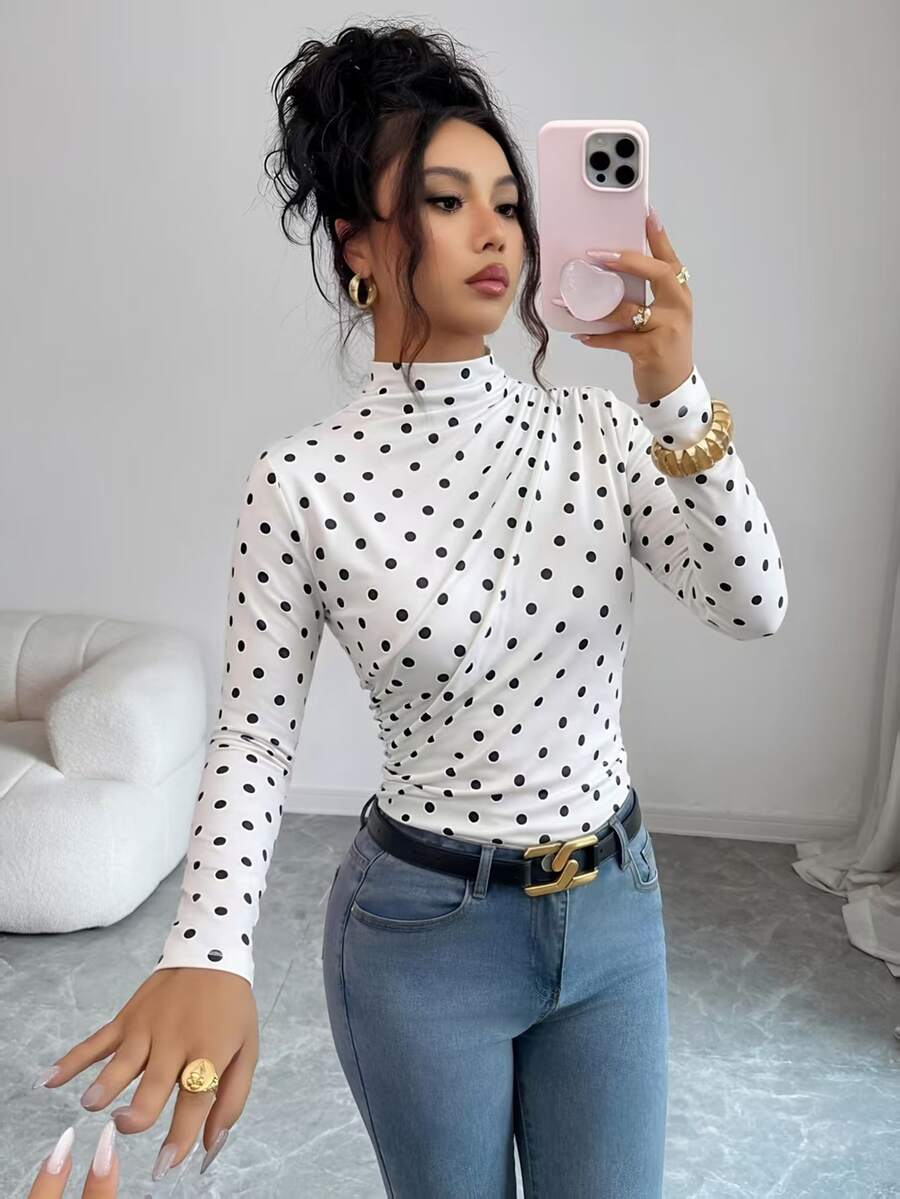SHEIN Raffinéa Women's Autumn Long Sleeve T-Shirt, Fashionable Comfortable Commute Knit Fabric T-Shirt - White - View 1
