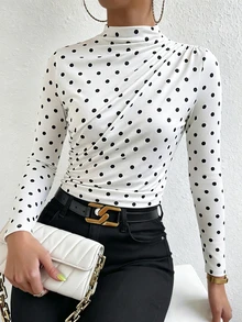 SHEIN Raffinéa Women's Autumn Long Sleeve T-Shirt, Fashionable Comfortable Commute Knit Fabric T-Shirt - White - View 5