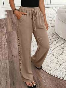Breezaya Plus Size Women Solid Wide Leg Pants, Elastic Drawstring Waist Side Crochet Lace Trim With Pockets Casual Summer Trousers For Daily Going Out Vacation - Khaki - View 1