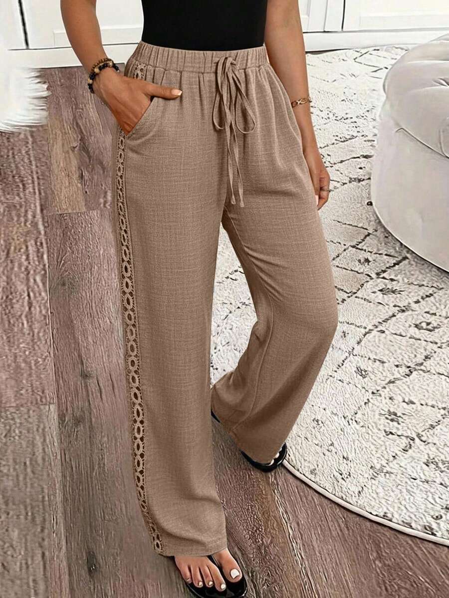 Breezaya Plus Size Women Solid Wide Leg Pants, Elastic Drawstring Waist Side Crochet Lace Trim With Pockets Casual Summer Trousers For Daily Going Out Vacation - Khaki - View 1