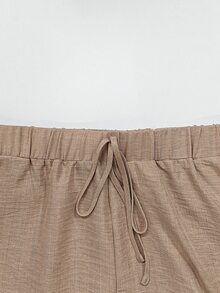 Breezaya Plus Size Women Solid Wide Leg Pants, Elastic Drawstring Waist Side Crochet Lace Trim With Pockets Casual Summer Trousers For Daily Going Out Vacation - Khaki - View 5