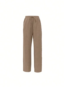 Breezaya Plus Size Women Solid Wide Leg Pants, Elastic Drawstring Waist Side Crochet Lace Trim With Pockets Casual Summer Trousers For Daily Going Out Vacation - Khaki - View 3