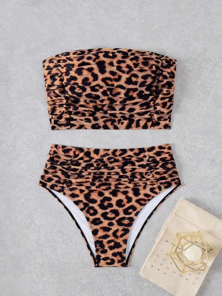 Swim Vcay Women's Leopard Print Bandeau Side Ruched Top & High Waist Bikini Bottoms 2 Pieces Swimwear Set, Beach Vacation Bikini - Multicolor - View 3
