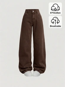 SHEIN Girlism Teen Girl Casual Washed Straight Leg Jeans - Brown - View 1