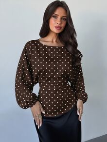 Firerie Women's New Minimalist Elegant Romantic Daily Casual Urban Commute Brunch Office Brown And White Polka Dot Round Neck Batwing Sleeve Blouse - Brown - View 3