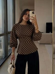 Firerie Women's New Minimalist Elegant Romantic Daily Casual Urban Commute Brunch Office Brown And White Polka Dot Round Neck Batwing Sleeve Blouse - Brown - View 1