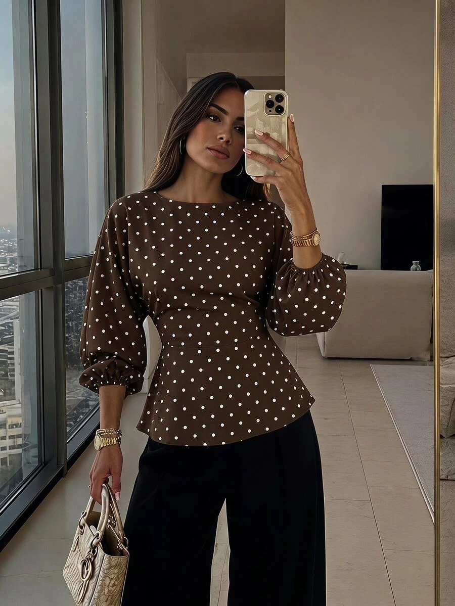 Firerie Women's New Minimalist Elegant Romantic Daily Casual Urban Commute Brunch Office Brown And White Polka Dot Round Neck Batwing Sleeve Blouse - Brown - View 1