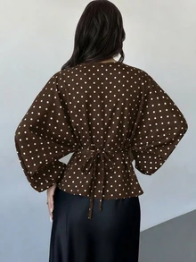 Firerie Women's New Minimalist Elegant Romantic Daily Casual Urban Commute Brunch Office Brown And White Polka Dot Round Neck Batwing Sleeve Blouse - Brown - View 4