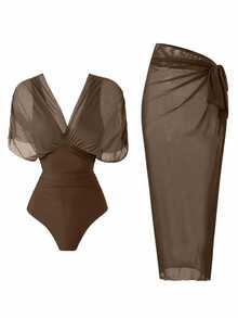 Swim Oasis 2026 New Spring/Summer Women 2pcs Solid Color Swimsuit With Mesh Maxi Dress, Beach Vacation Casual Swimwear Set - Brown - View 7