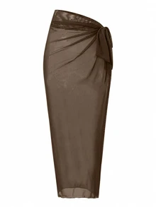 Swim Oasis 2026 New Spring/Summer Women 2pcs Solid Color Swimsuit With Mesh Maxi Dress, Beach Vacation Casual Swimwear Set - Brown - View 4