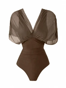 Swim Oasis 2026 New Spring/Summer Women 2pcs Solid Color Swimsuit With Mesh Maxi Dress, Beach Vacation Casual Swimwear Set - Brown - View 3