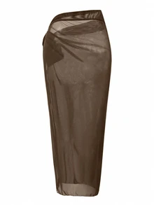 Swim Oasis 2026 New Spring/Summer Women 2pcs Solid Color Swimsuit With Mesh Maxi Dress, Beach Vacation Casual Swimwear Set - Brown - View 6