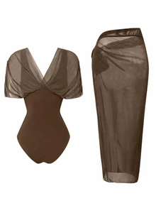 Swim Oasis 2026 New Spring/Summer Women 2pcs Solid Color Swimsuit With Mesh Maxi Dress, Beach Vacation Casual Swimwear Set - Brown - View 2