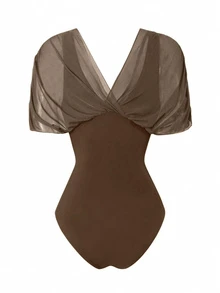 Swim Oasis 2026 New Spring/Summer Women 2pcs Solid Color Swimsuit With Mesh Maxi Dress, Beach Vacation Casual Swimwear Set - Brown - View 5