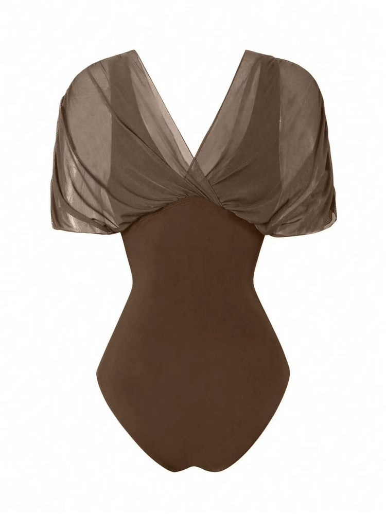 Swim Oasis 2026 New Spring/Summer Women 2pcs Solid Color Swimsuit With Mesh Maxi Dress, Beach Vacation Casual Swimwear Set - Brown - View 5