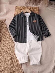 SHEIN 3件組兒童青少年男孩休閒校園條紋領長袖寬鬆開襟襯衫＋純色直筒長褲＋純色披肩，適合學校、花園、海灘、生日，春夏秋冬四季適用 - 黑色 - 查看 4