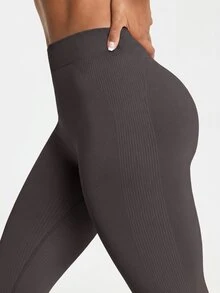 11SKNDS High Waist Seamless Ribbed Leggings With Sculpting Fit, 7/8 Length, Compression Support With Sweat-Wicking, Stretchy, Buttery-Soft, Tummy Control & Butt-Lifting, For Gym Workout Fitness Studio, Running, Training & Hy-Rox - Chocolate Brown - View 2