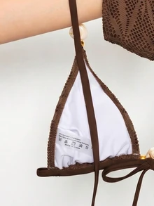 SHEIN Swim 春夏性感咖啡棕紋理提花面料比基尼三角細肩帶甜美女孩開衩泳衣，適合小胸托高顯瘦修身時尚比基尼，附不對稱珠飾配件，三角上衣，適用海灘度假、溫泉、蜜月、休閒假日半日穿搭泳裝 - 咖啡棕 - 查看 5