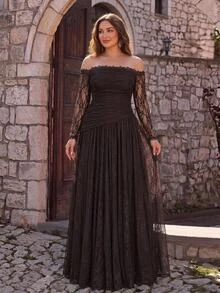 Aureia Plus Size Elegant Romantic Off-Shoulder Luxury Embroidered Patchwork French Lace Sheer Long Sleeve With Beaded Cuff And Collar Trim, Ruched Waist, Full A-Line Skirt With Train, Suitable For Wedding, Party, Celebration, Formal Events, Heavy Embellished Evening Gown - Coffee Brown - View 1