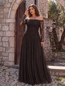 Aureia Plus Size Elegant Romantic Off-Shoulder Luxury Embroidered Patchwork French Lace Sheer Long Sleeve With Beaded Cuff And Collar Trim, Ruched Waist, Full A-Line Skirt With Train, Suitable For Wedding, Party, Celebration, Formal Events, Heavy Embellished Evening Gown - Coffee Brown - View 2