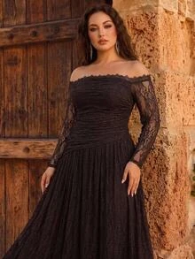 Aureia Plus Size Elegant Romantic Off-Shoulder Luxury Embroidered Patchwork French Lace Sheer Long Sleeve With Beaded Cuff And Collar Trim, Ruched Waist, Full A-Line Skirt With Train, Suitable For Wedding, Party, Celebration, Formal Events, Heavy Embellished Evening Gown - Coffee Brown - View 7