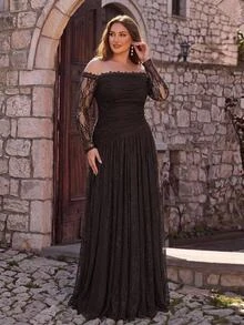 Aureia Plus Size Elegant Romantic Off-Shoulder Luxury Embroidered Patchwork French Lace Sheer Long Sleeve With Beaded Cuff And Collar Trim, Ruched Waist, Full A-Line Skirt With Train, Suitable For Wedding, Party, Celebration, Formal Events, Heavy Embellished Evening Gown - Coffee Brown - View 5
