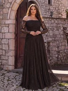 Aureia Plus Size Elegant Romantic Off-Shoulder Luxury Embroidered Patchwork French Lace Sheer Long Sleeve With Beaded Cuff And Collar Trim, Ruched Waist, Full A-Line Skirt With Train, Suitable For Wedding, Party, Celebration, Formal Events, Heavy Embellished Evening Gown - Coffee Brown - View 6