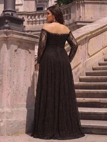 Aureia Plus Size Elegant Romantic Off-Shoulder Luxury Embroidered Patchwork French Lace Sheer Long Sleeve With Beaded Cuff And Collar Trim, Ruched Waist, Full A-Line Skirt With Train, Suitable For Wedding, Party, Celebration, Formal Events, Heavy Embellished Evening Gown - Coffee Brown - View 4