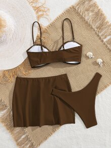 SHEIN Swim 3件套女士夏季沙滩休闲优雅时尚年轻百搭金属装饰吊带比基尼泳装套装，适合度假、派对、假日穿着。棕色两件套泳衣，棕色比基尼套装，高腰比基尼套装，高腰泳装套装，金属贝壳装饰泳装，度假必备泳装。 - 咖啡棕 - 查看 3
