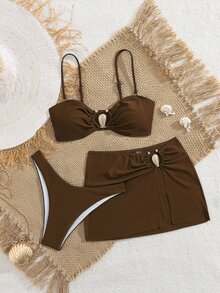 SHEIN Swim 3件套女士夏季沙滩休闲优雅时尚年轻百搭金属装饰吊带比基尼泳装套装，适合度假、派对、假日穿着。棕色两件套泳衣，棕色比基尼套装，高腰比基尼套装，高腰泳装套装，金属贝壳装饰泳装，度假必备泳装。 - 咖啡棕 - 查看 2