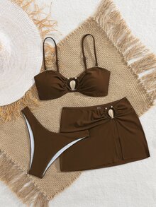 SHEIN Swim 3件套女士夏季沙滩休闲优雅时尚年轻百搭金属装饰吊带比基尼泳装套装，适合度假、派对、假日穿着。棕色两件套泳衣，棕色比基尼套装，高腰比基尼套装，高腰泳装套装，金属贝壳装饰泳装，度假必备泳装。 - 咖啡棕 - 查看 4