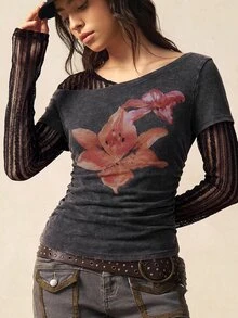 Bohemela ملابس علوية نسائية بطبعة زهرية وتطريز دانتيل بتصميم 2 في 1 - الأسود - مشاهدة 3