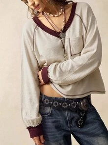 Bohemela 休閒針織V領長袖女款T恤 - 杏色 - 查看 3