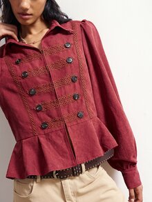 Bohemela Casual Solid Color Woven Fitted Women's Jacket - Red - View 3