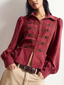 Bohemela Casual Solid Color Woven Fitted Women's Jacket - Red - View 6