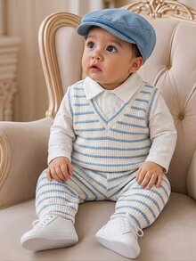 Souflis Souflis 2pcs Baby Boys Gentleman Style Blue White Striped Fake 2-In-1 V-Neck Knit Vest Shirt & Striped Pants Set Formal Spring Autumn - Blue - View 1
